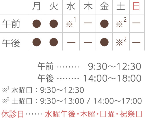 診療時間：平日9:30～12:30/14:00～19:00　月曜、水曜9:30～12:30/14:00～18:00 土曜9:30～13:00/14:00～17:00　休診日：水曜午後・木曜・日曜・祝祭日